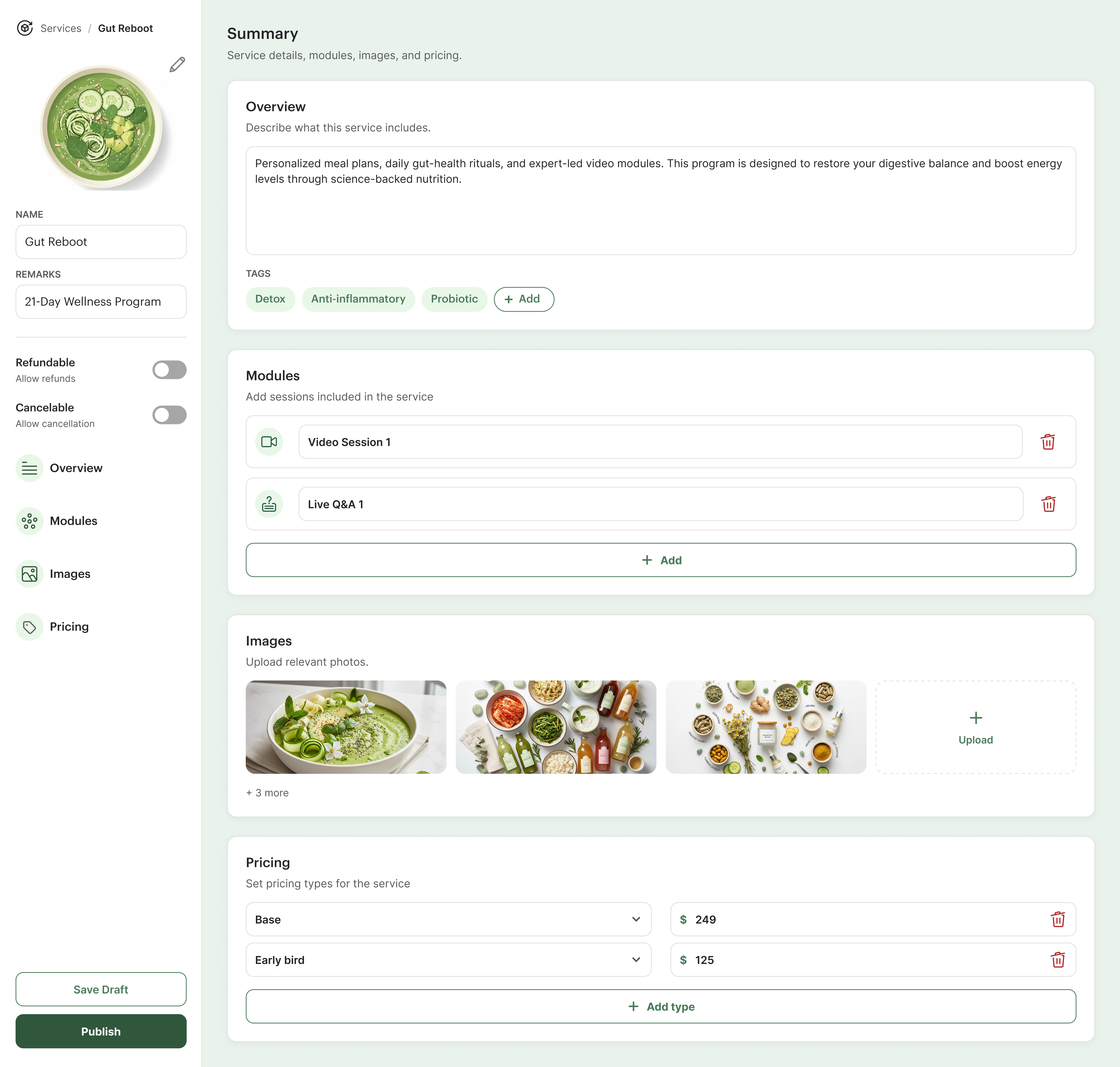 Service configuration for the Gut Reboot wellness program